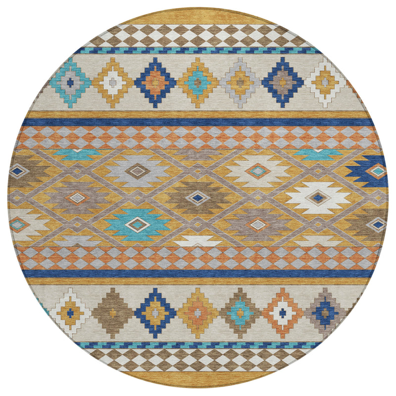 Round southwestern area rug, flat woven look, striped bands with teal, blue, gold, white