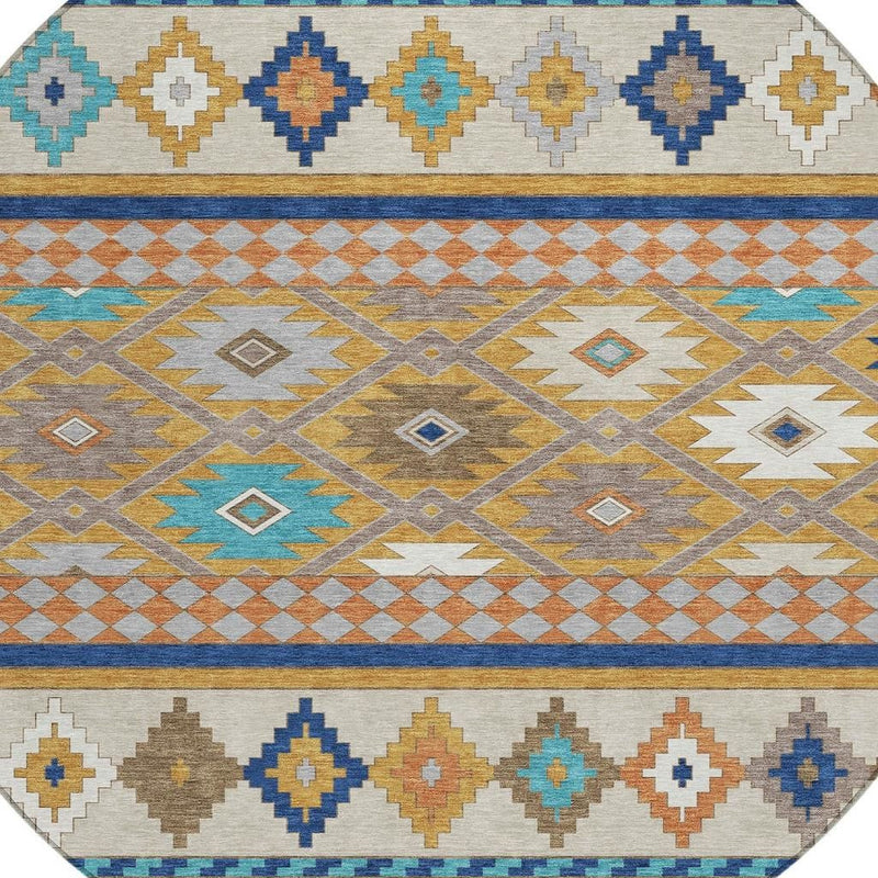 Round southwestern area rug close-up: multicolor diamond pattern with blue border stripe