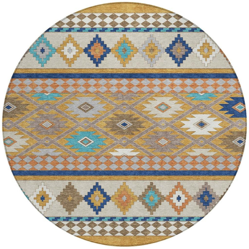 Round southwestern area rug with diamond and zigzag motifs in teal, blue, orange, white