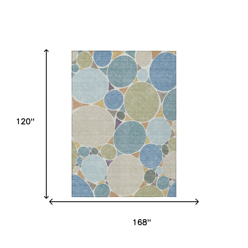 10 x 14 ft geometric area rug with multicolor circle pattern on beige base