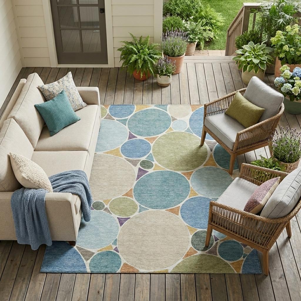 Geometric area rug with large multicolor circles in blue, teal, green, and purple