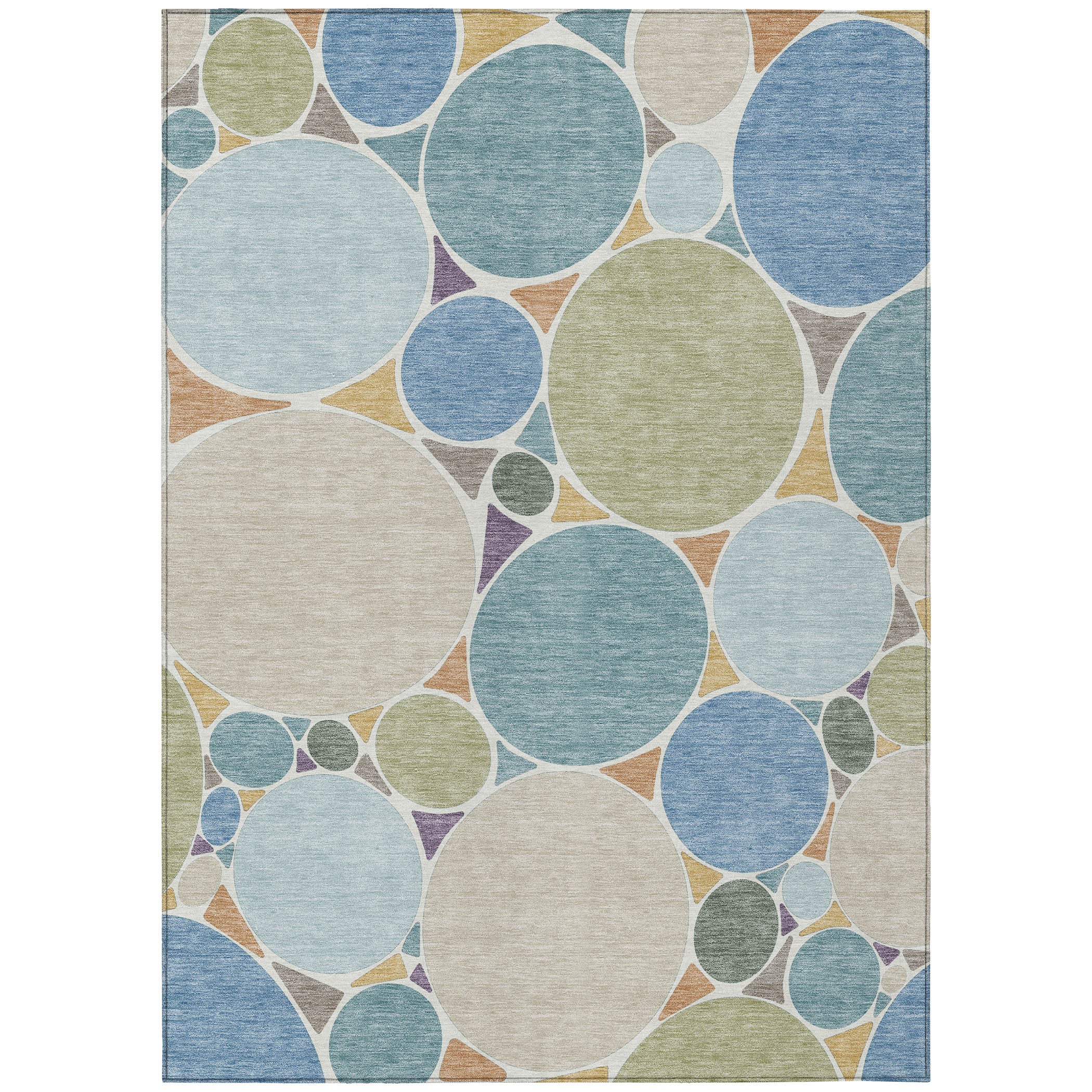 Geometric area rug with multicolor circle-and-oval pattern on beige base, bordered edge