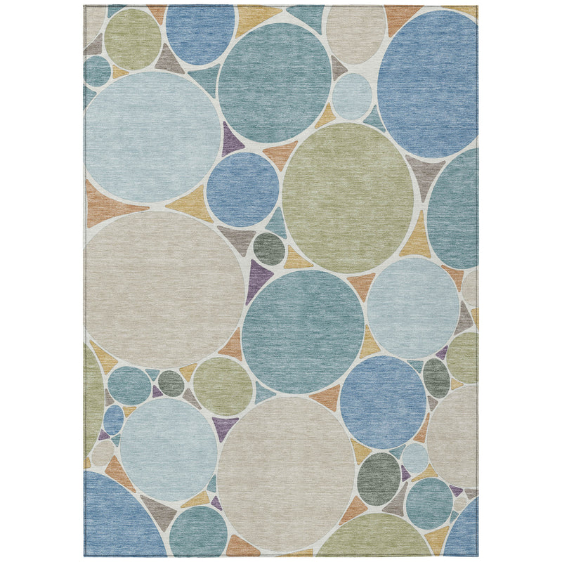 Geometric area rug with multicolor circle-and-oval pattern on beige base, bordered edge
