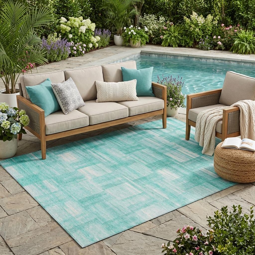 5' X 8' Teal Blue And Aqua Striped Washable Indoor Outdoor Area Rug - Sports & Outdoor