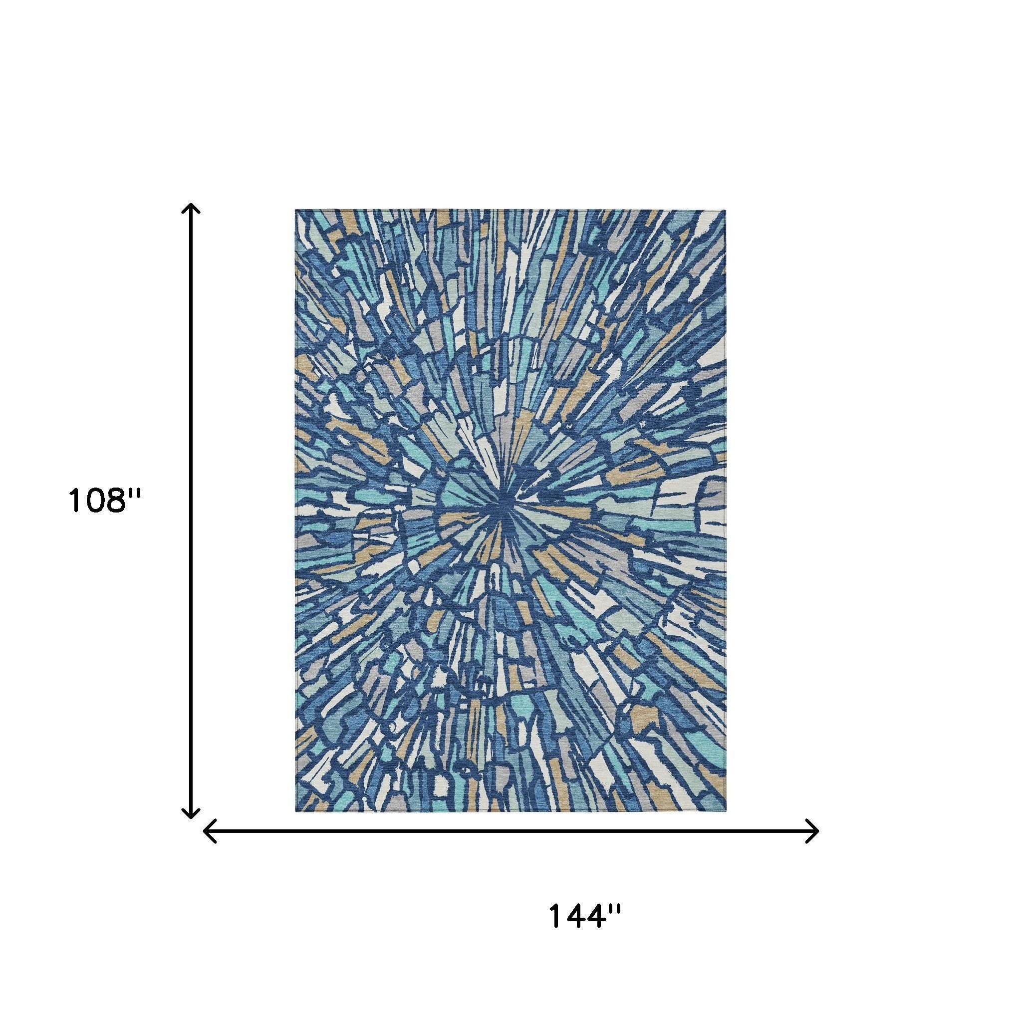 Abstract navy and teal area rug, 108 x 144 in, cream and gold starburst