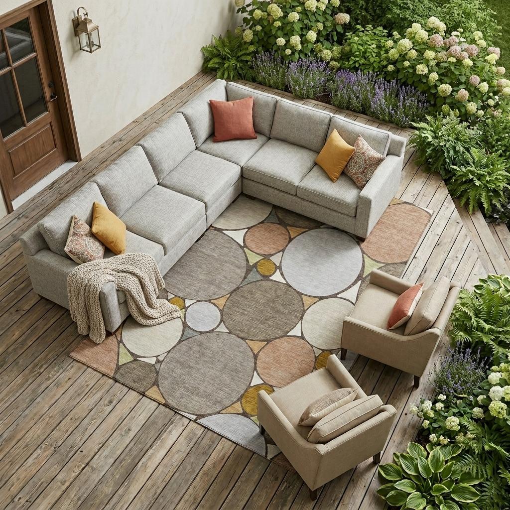 Geometric circle pattern area rug in taupe, beige, and gray for indoor or outdoor spaces