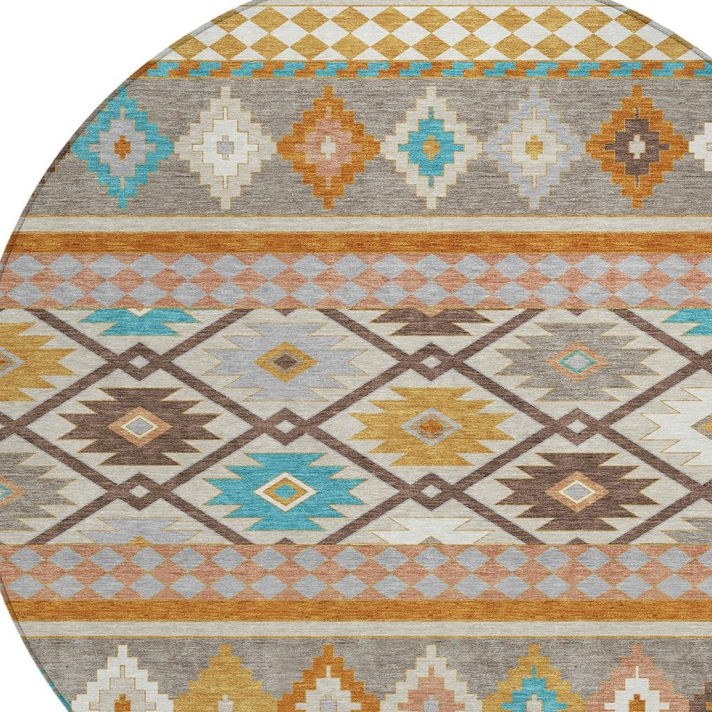 8' Beige And Orange Round Southwestern Washable Indoor Outdoor Area Rug - Sports & Outdoor