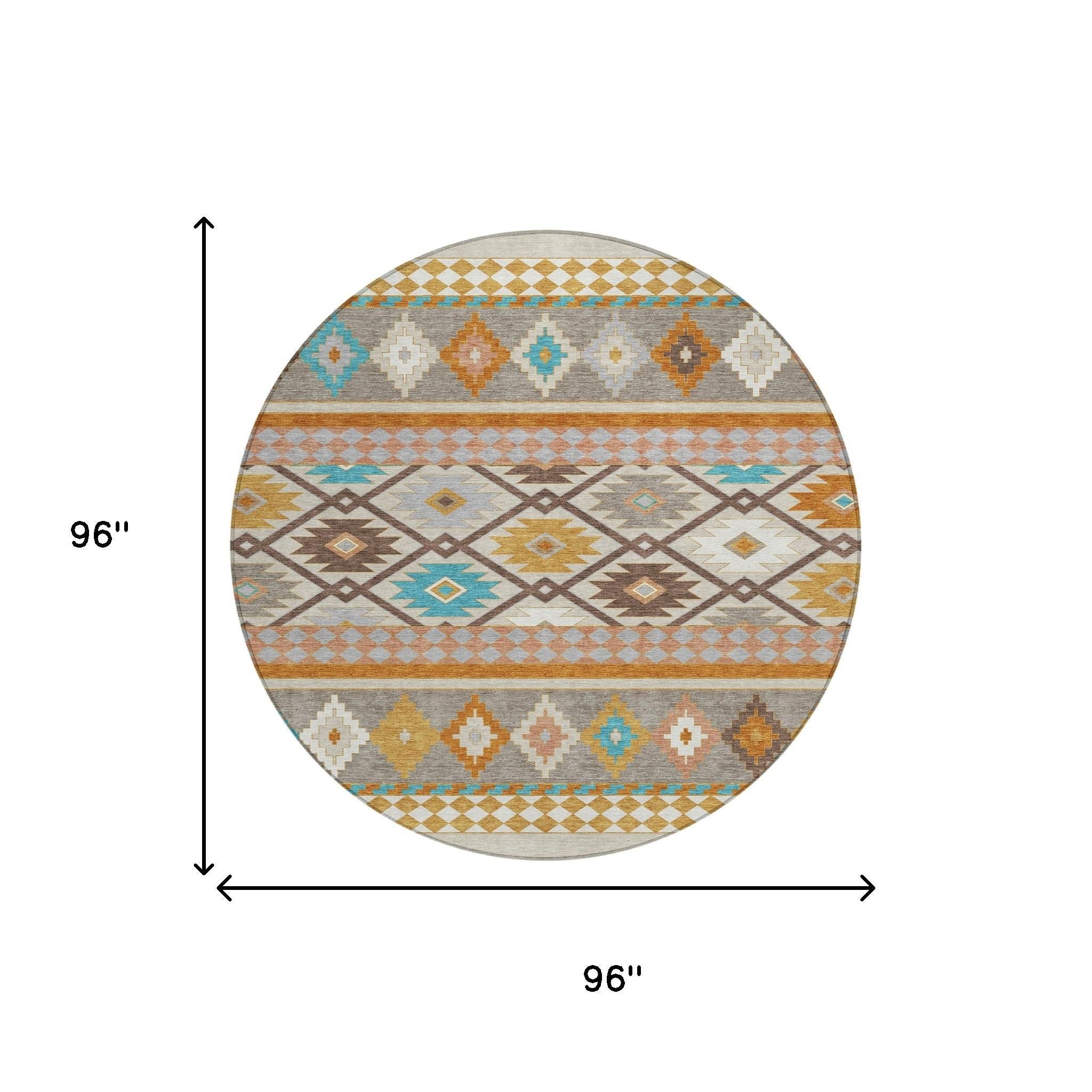 8' Beige And Orange Round Southwestern Washable Indoor Outdoor Area Rug - Sports & Outdoor