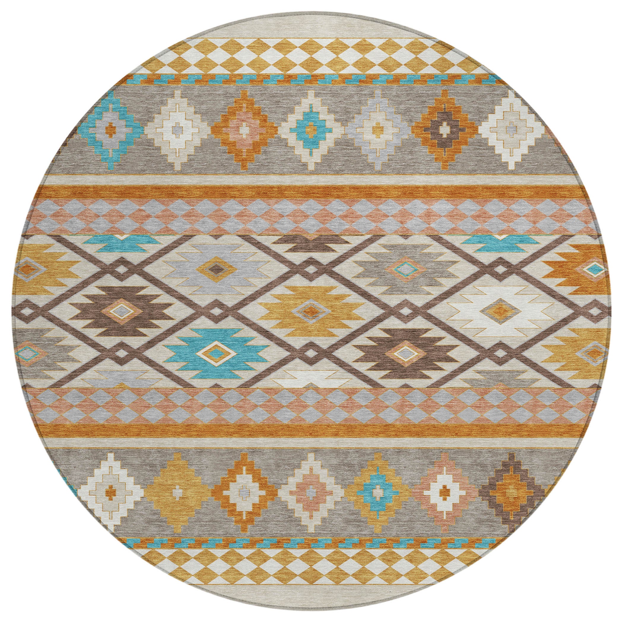 8' Beige And Orange Round Southwestern Washable Indoor Outdoor Area Rug - Sports & Outdoor