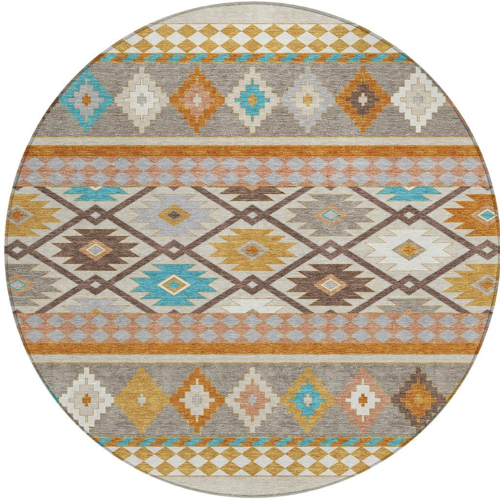 8' Beige And Orange Round Southwestern Washable Indoor Outdoor Area Rug - Sports & Outdoor
