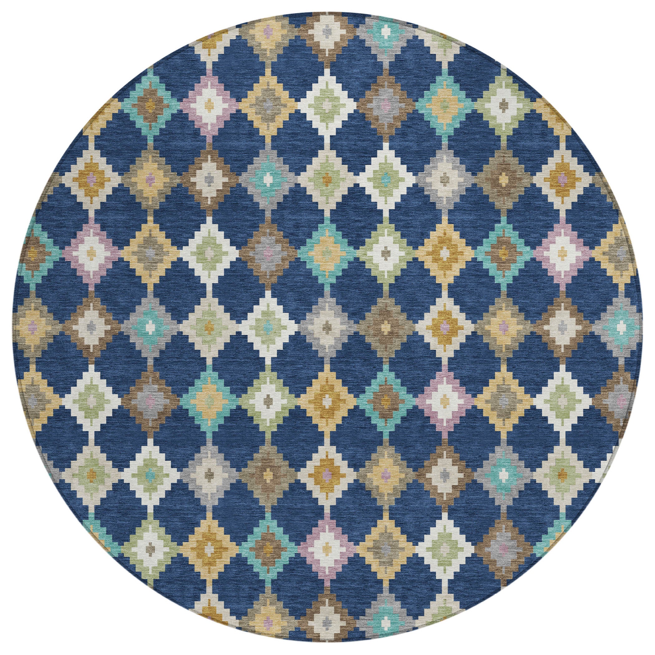 Round area rug with blue geometric diamonds and beige, tan, and teal accents.