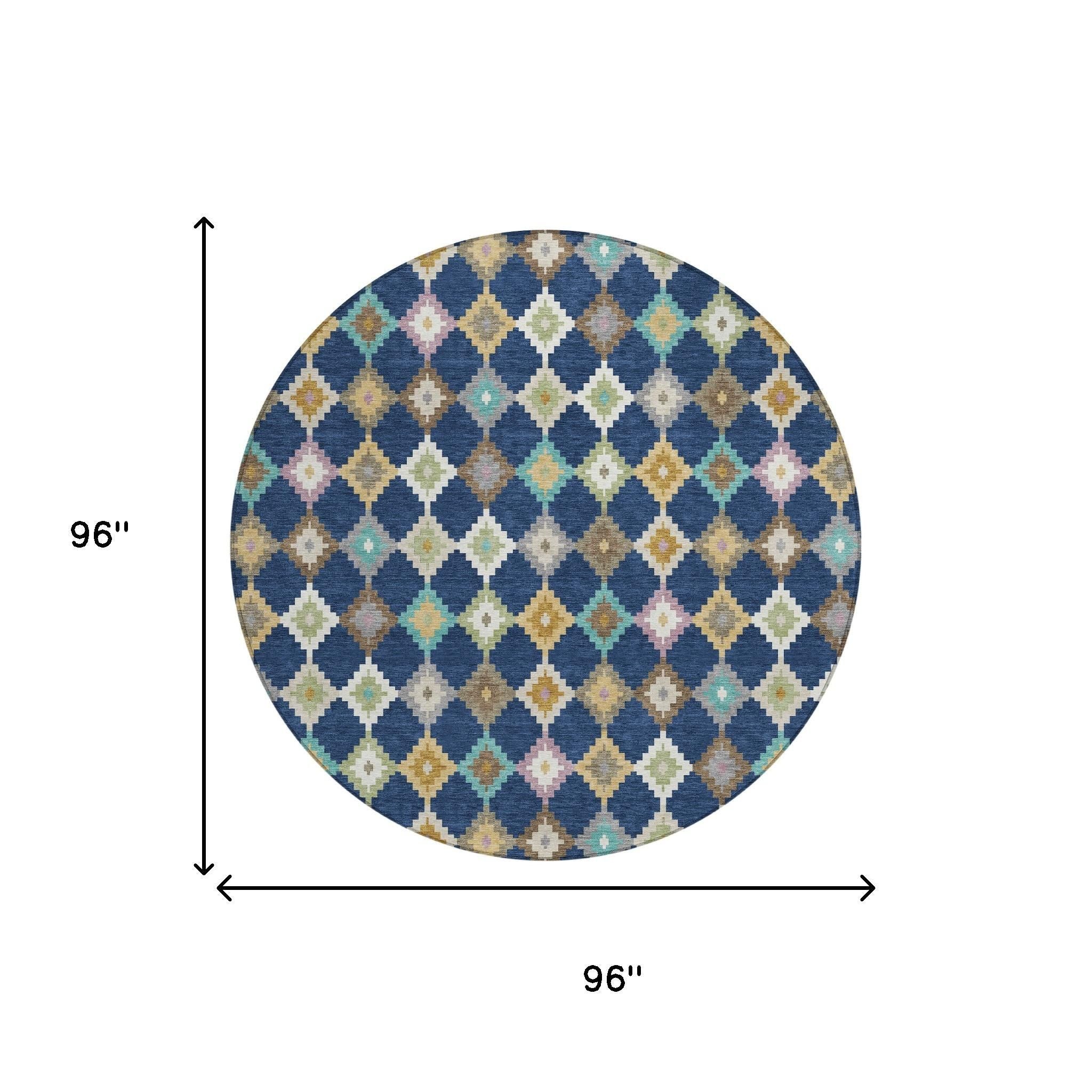 Round 96 in diameter area rug with blue geometric diamond pattern and multicolor accents.