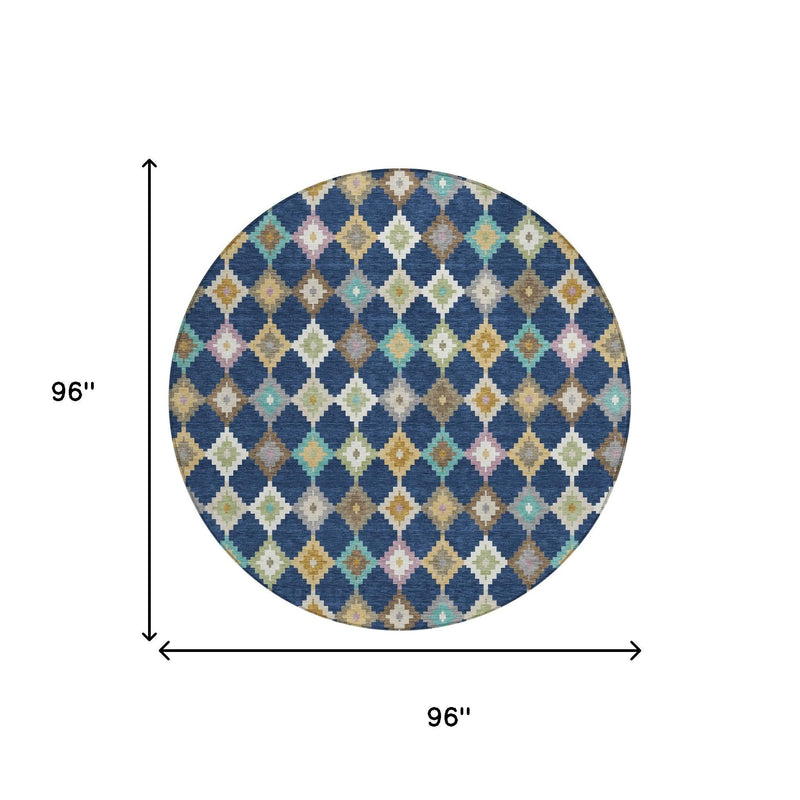 Round 96 in diameter area rug with blue geometric diamond pattern and multicolor accents.
