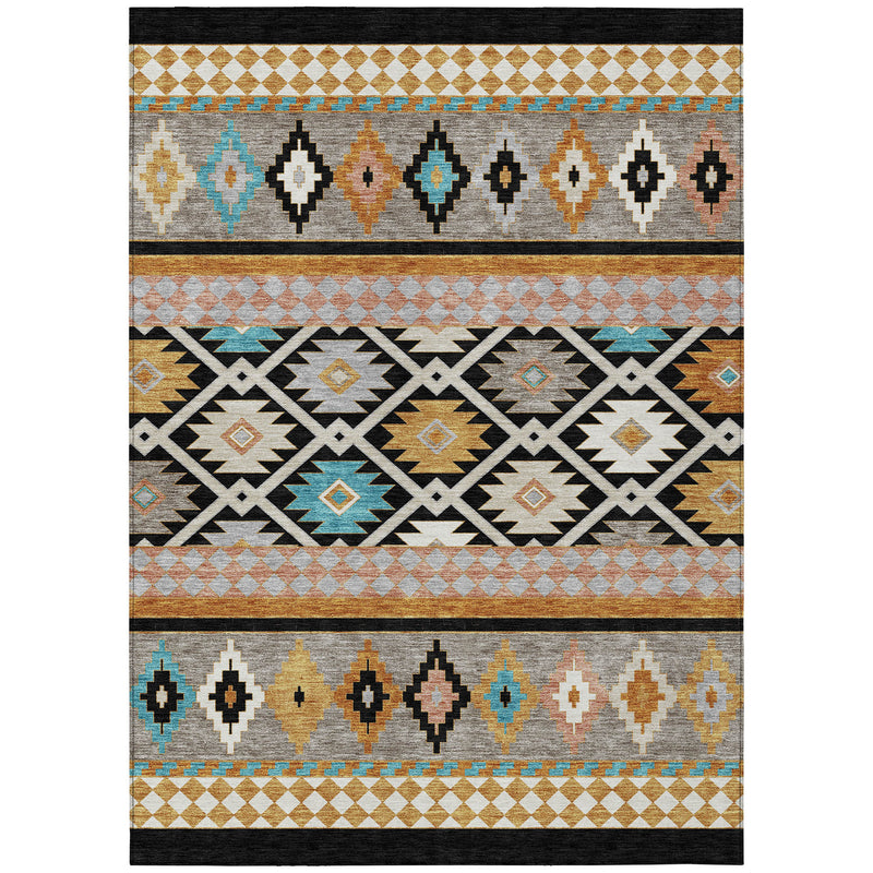 Southwestern area rug with multi-color bands and repeating diamond and spear patterns.
