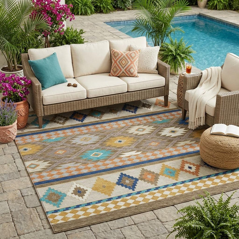 Southwestern area rug on outdoor patio, showing multicolor geometric pattern with brown, taupe, and blue.