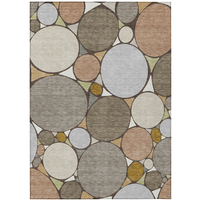Rectangular geometric circle area rug with taupe, beige, and gray pattern