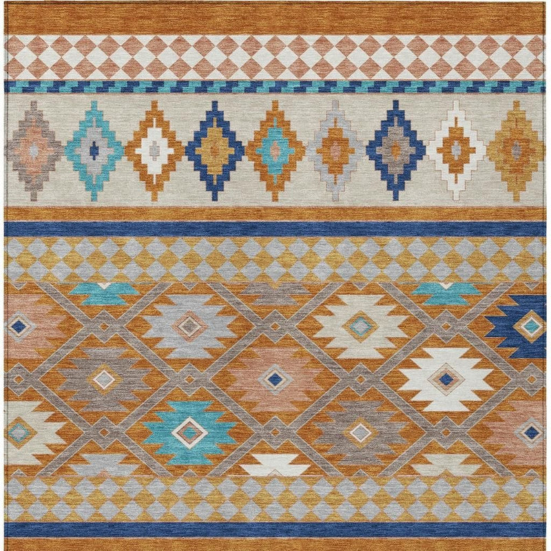 Southwestern area rug border detail with cream field, orange and blue motif rows