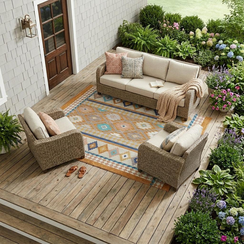 Outdoor area rug in cream with orange, blue and teal geometric pattern beneath patio seating