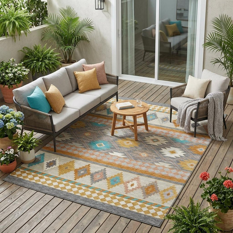 Southwestern area rug in gray and silver with orange, teal, and beige geometric designs