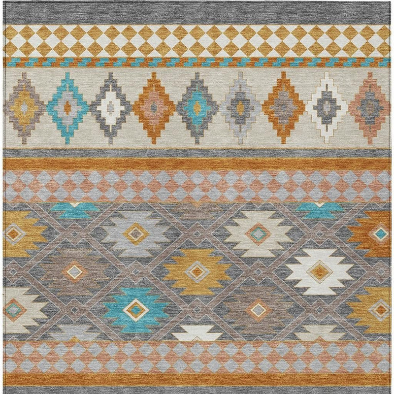 Gray and silver area rug with horizontal tribal stripes and diamond pattern center