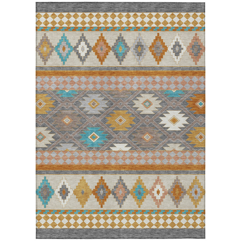 Gray and silver southwestern area rug with stacked border stripes and diamond motifs