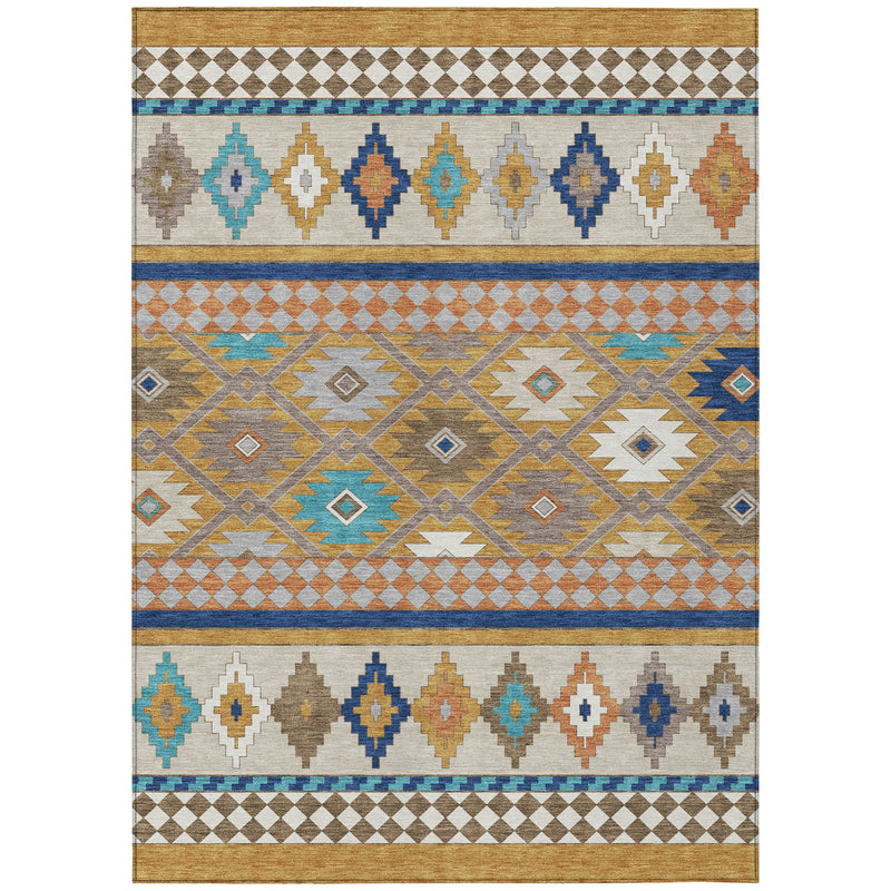 Southwestern area rug in beige with multicolor geometric pattern and horizontal border stripes