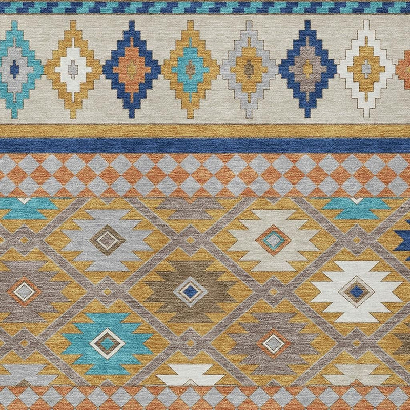 Southwestern area rug border and center panels with blue, cream, and gold diamond shapes