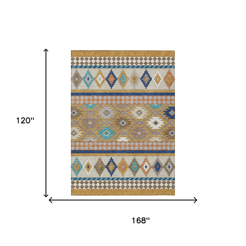 Southwestern area rug in beige with multicolor geometric stripes; 168 in x 120 in
