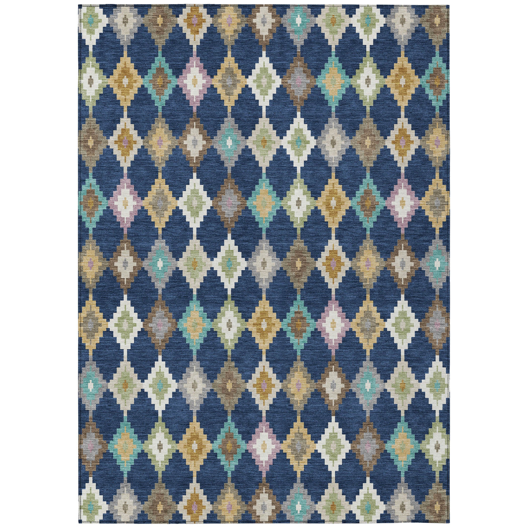 Blue aztec area rug with multicolor diamond and zigzag motif, flat woven look