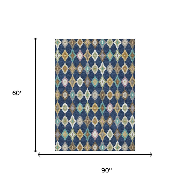 90 in x 60 in navy blue aztec area rug with multicolor diamond geometric pattern