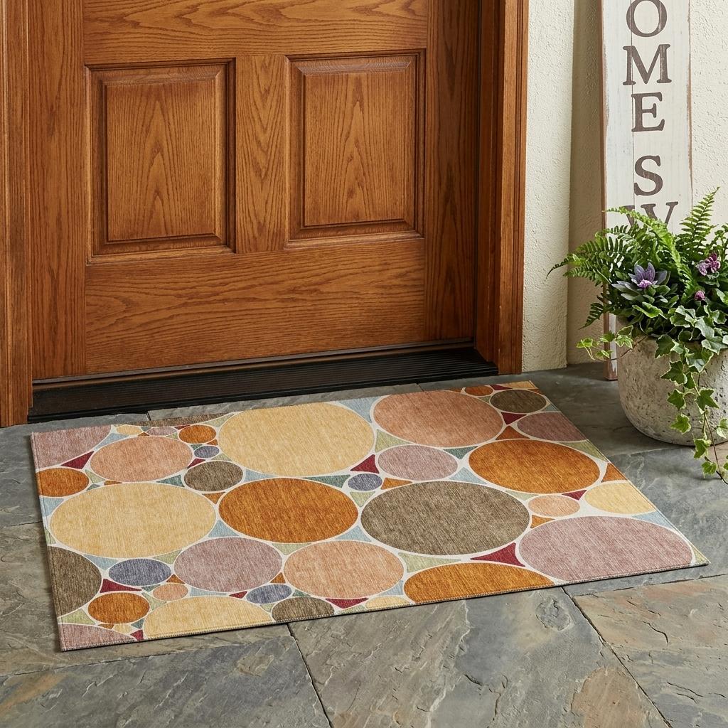 Geometric 3x5 area rug placed on outdoor stone floor with multicolor circle pattern