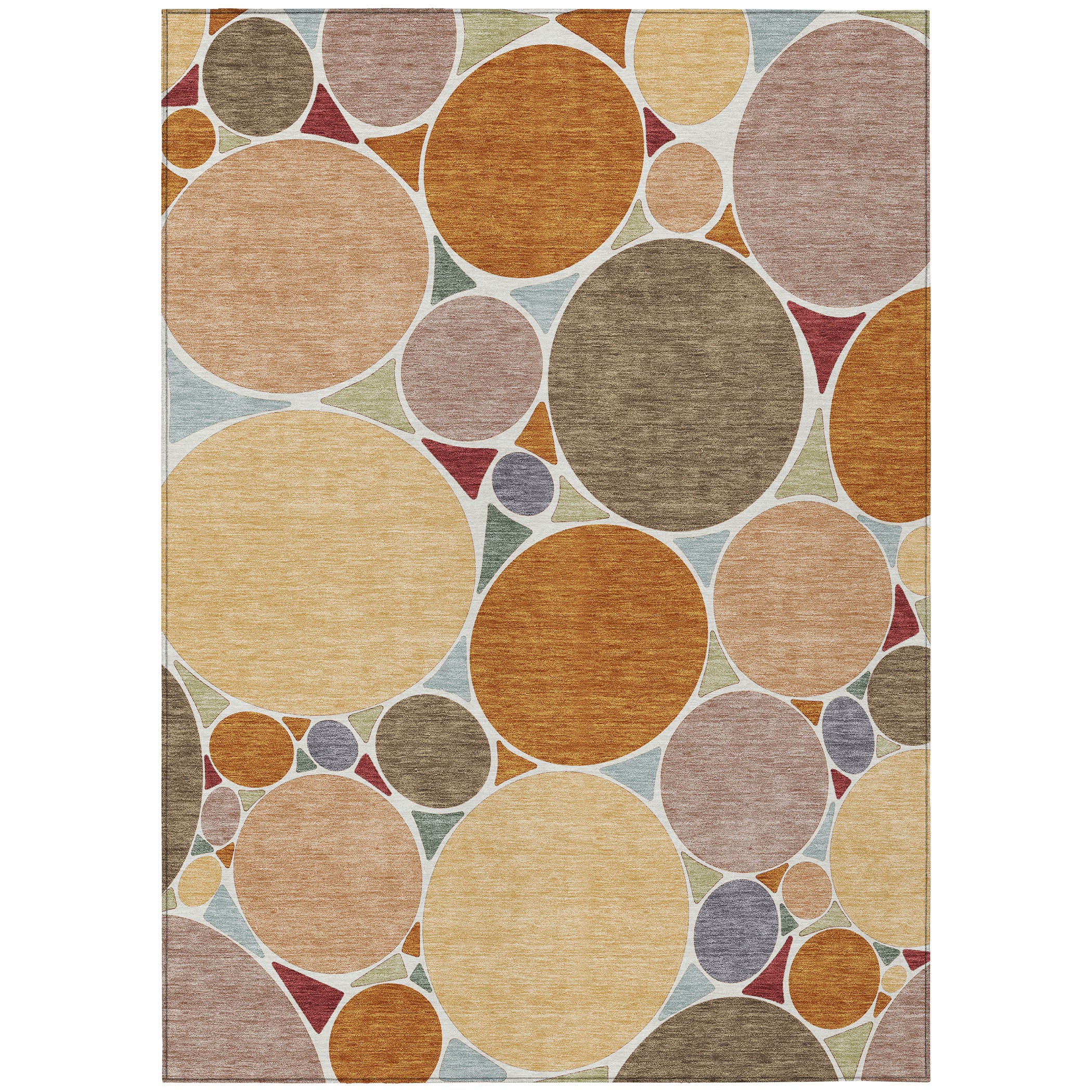 Geometric area rug with multicolor circle mosaic design in orange, tan, gray, and pink