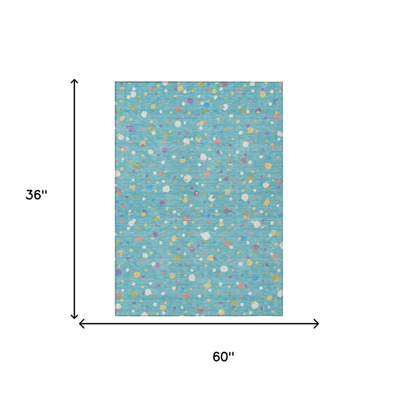 Teal blue area rug, 3 x 5 ft, multicolor geometric speckle pattern