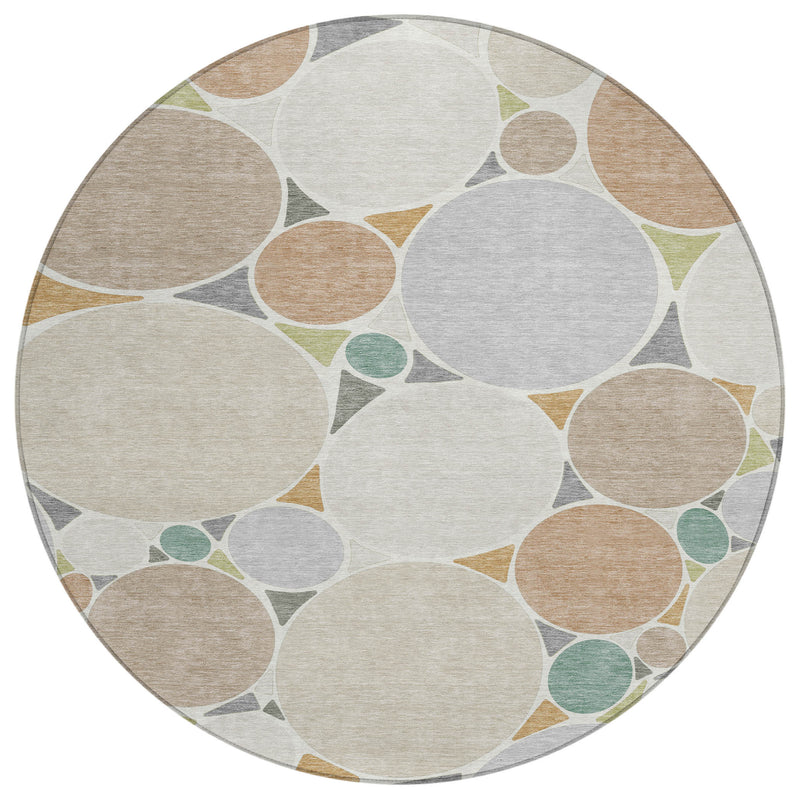 Round area rug featuring overlapping beige, gray, and teal circles, washable indoor/outdoor