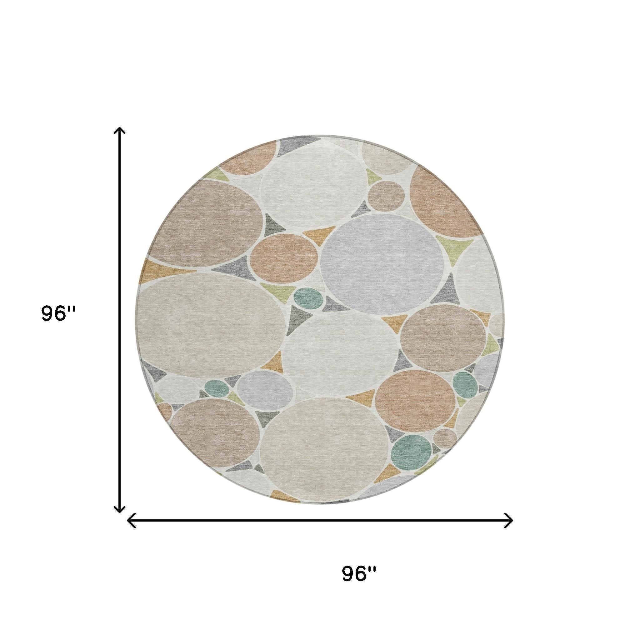 Round area rug, 96 in diameter, beige, gray, and teal geometric circle pattern