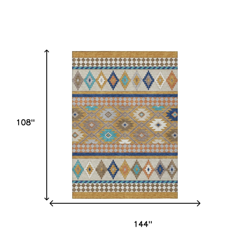 Southwestern area rug, 108 x 144 in, geometric stripes and diamonds in tan and blue