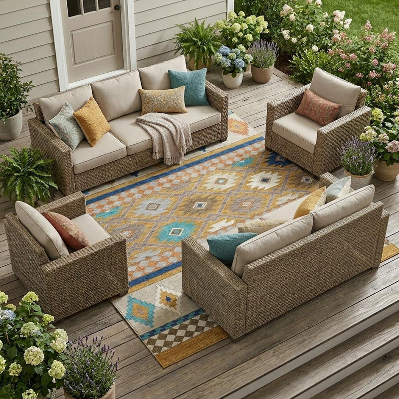Southwestern area rug with multicolor geometric pattern on a light beige background