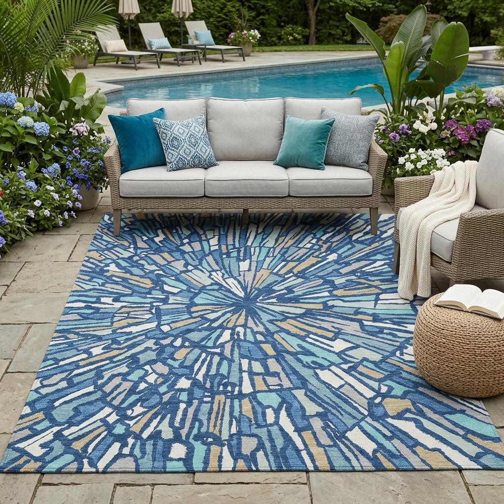 Outdoor area rug with blue, teal, and cream abstract sunburst pattern.