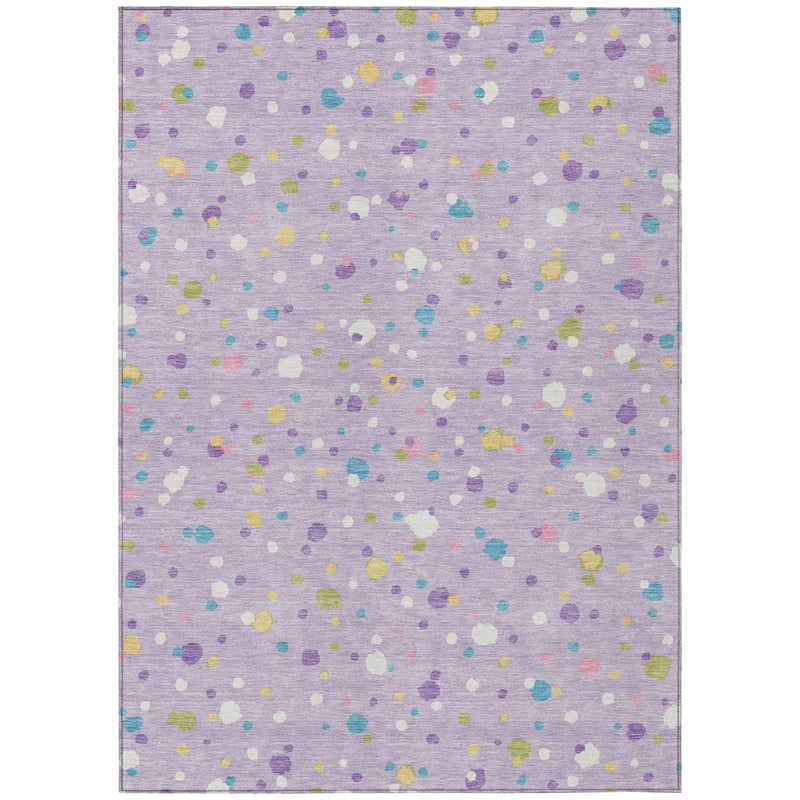 Lavender area rug with scattered multicolored geometric shapes across the surface