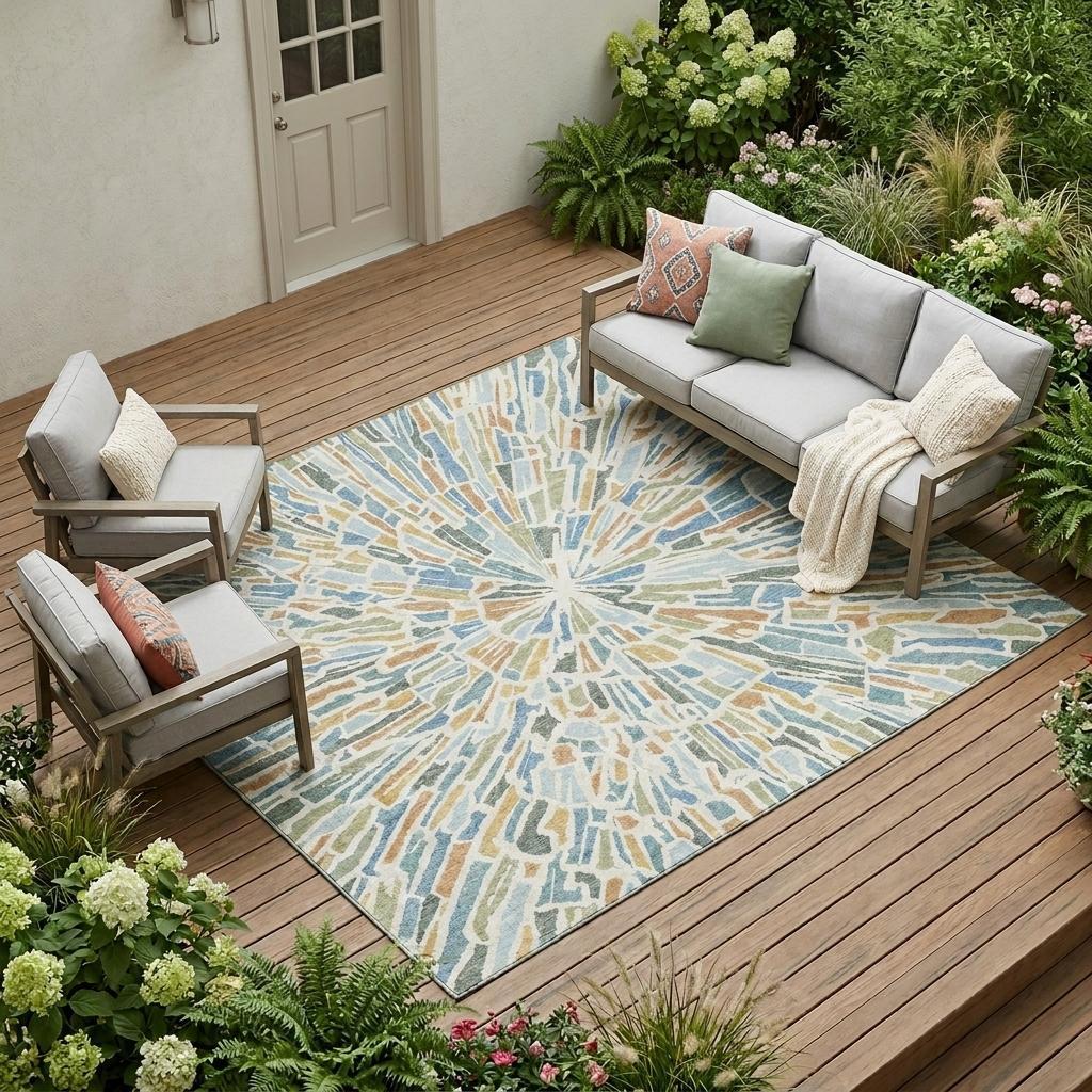 Abstract indoor outdoor area rug with light blue, beige, and tan radial sunburst pattern
