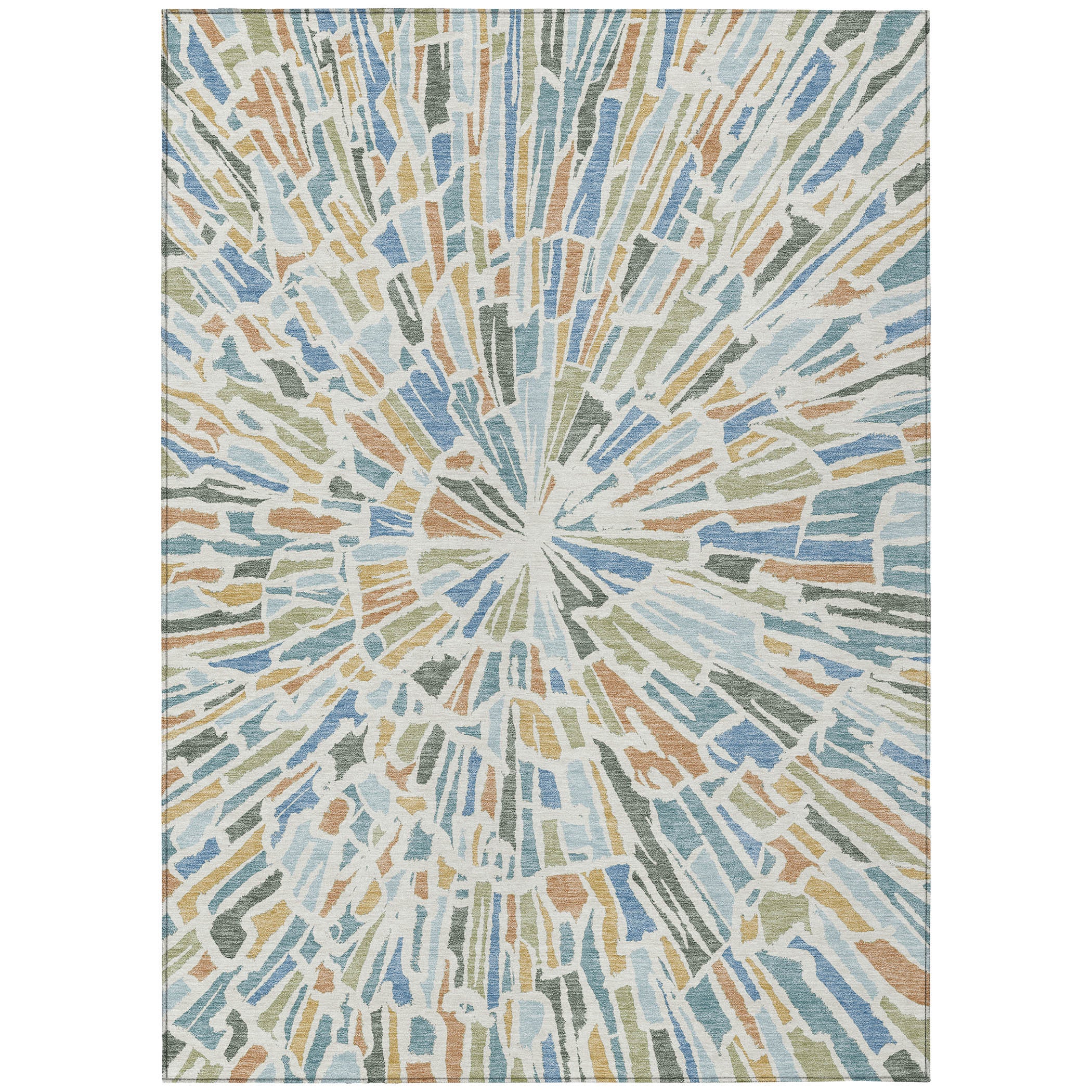 Abstract area rug with light blue radial rays and cream base, beige and muted green details