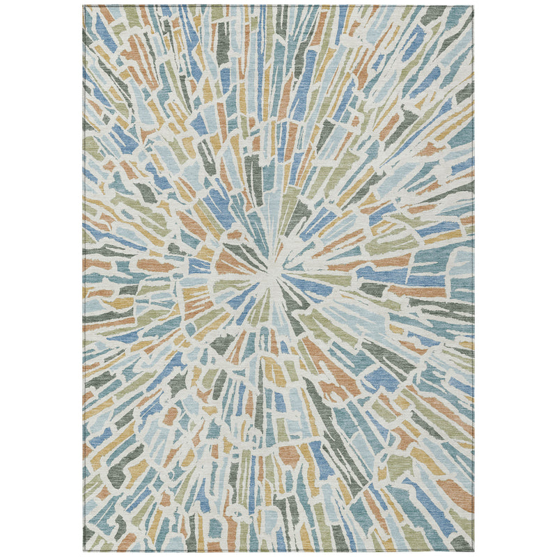 Abstract area rug with light blue radial rays and cream base, beige and muted green details