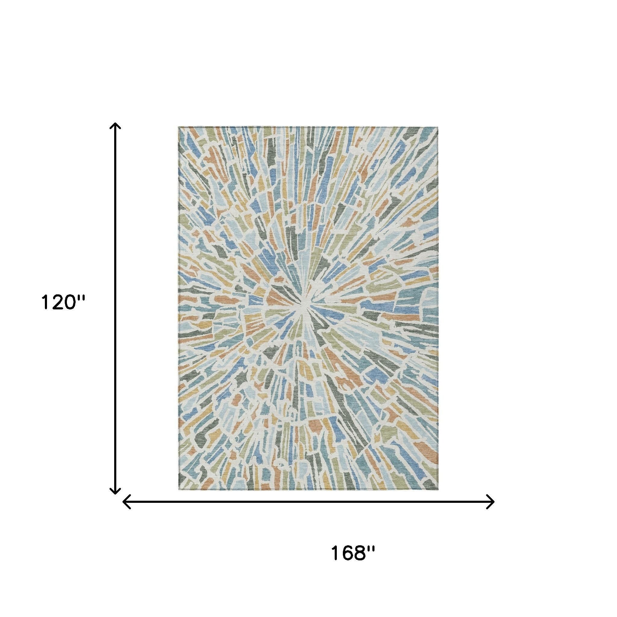 Rectangular abstract area rug size diagram, light blue and beige radial sunburst pattern