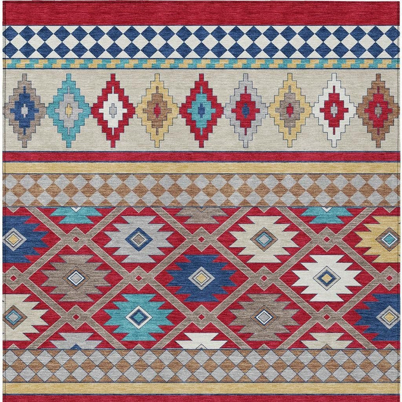 Front view of southwestern area rug with red, ivory, blue, and teal geometric bands and medallions