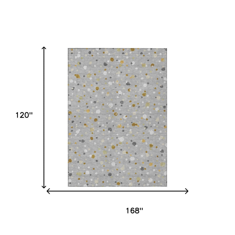 Gray geometric speckled area rug diagram showing 168 x 120 inch dimensions