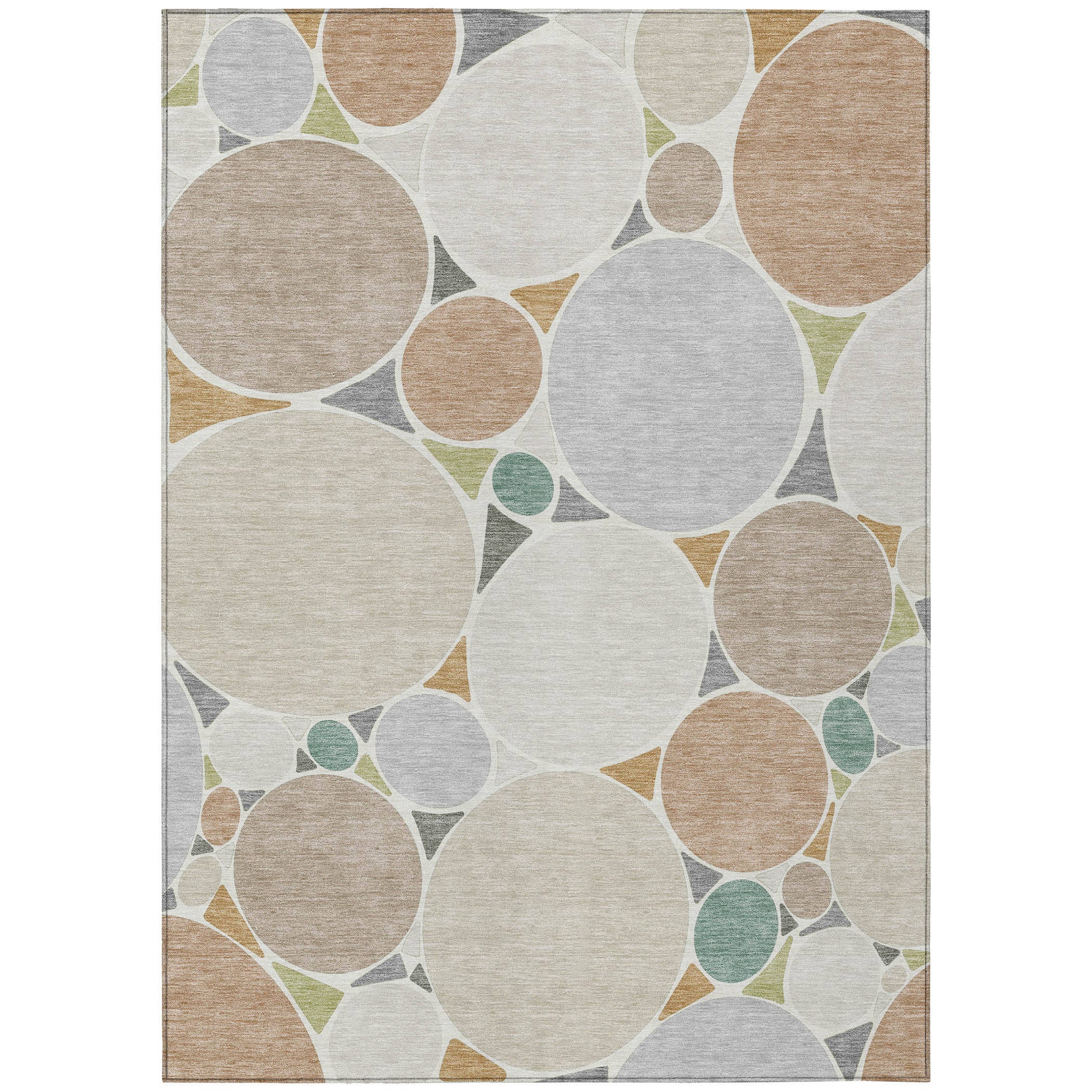 Beige and gray geometric rug with overlapping circles; washable indoor/outdoor