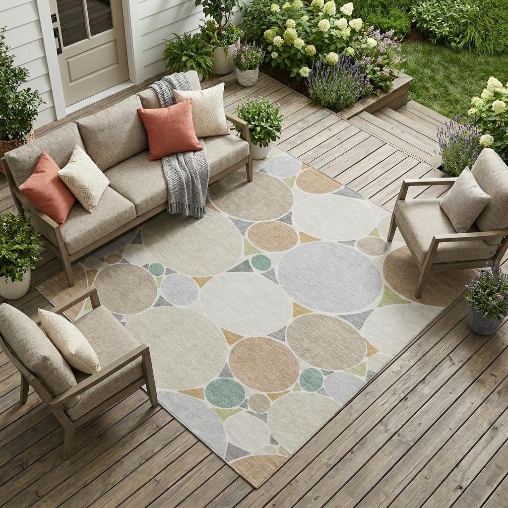 Beige and gray geometric area rug with overlapping circles, used on outdoor patio flooring