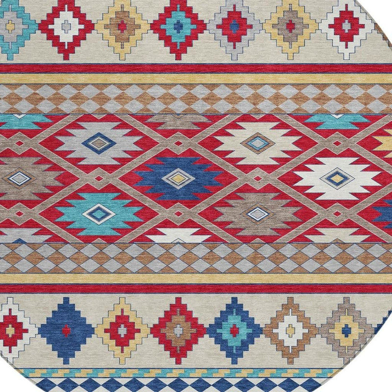Round southwestern area rug with red, blue, tan, and ivory geometric bands
