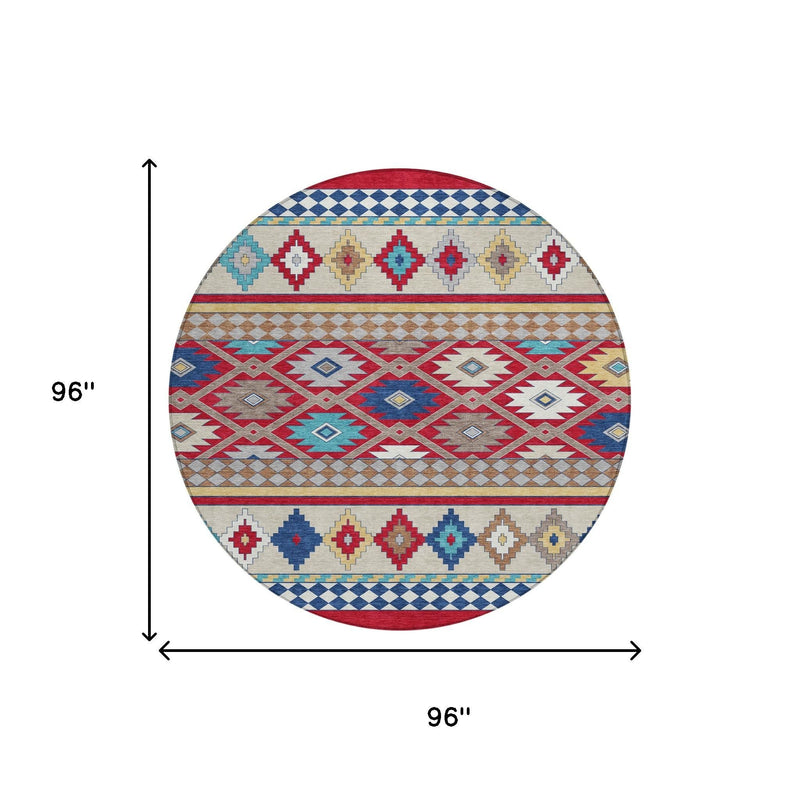 Round southwestern area rug, 96 in diameter, red and ivory geometric design