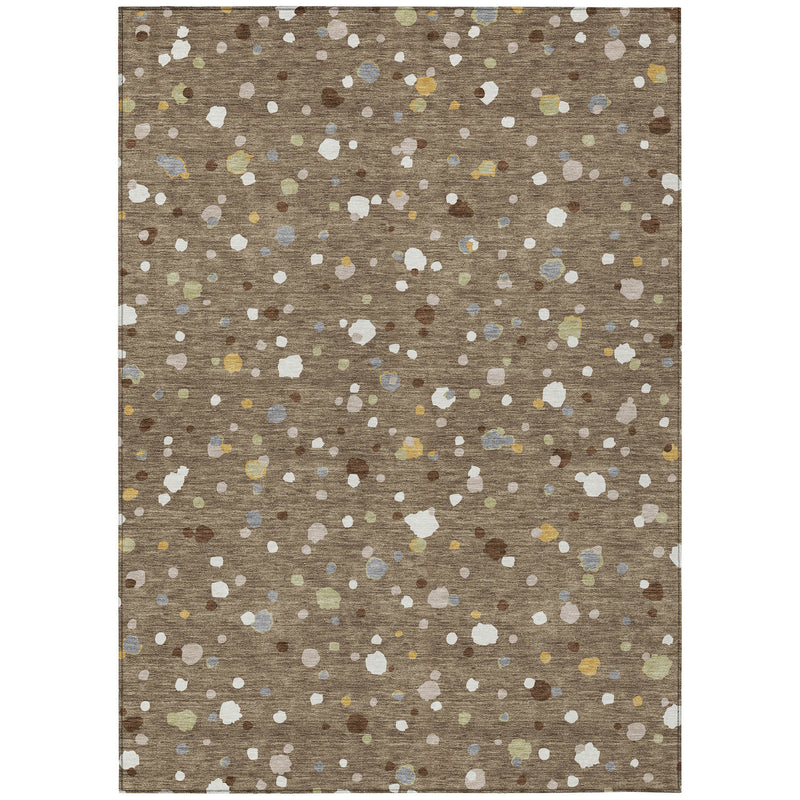 Brown and beige speckled area rug with abstract geometric dot pattern, flat woven